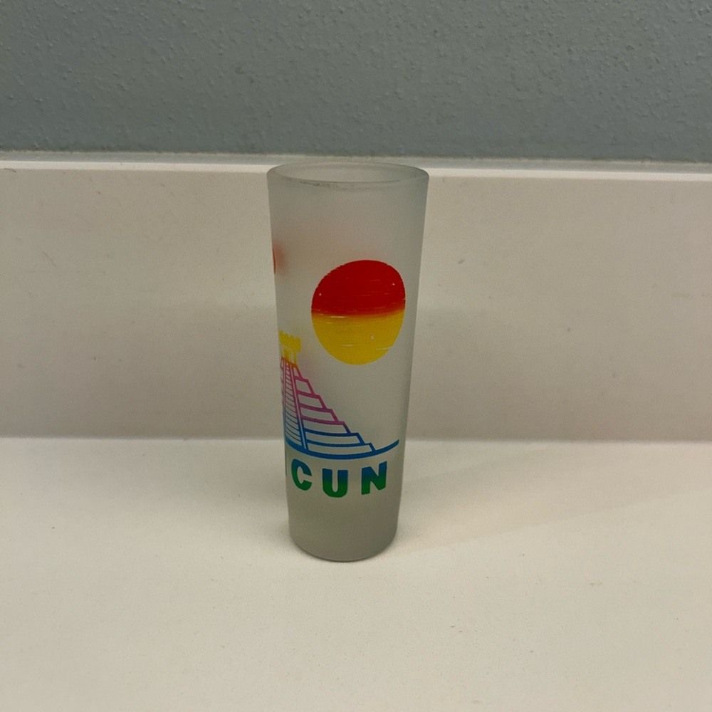 Vintage Cancun frosted shot glass. Stands 4 inches tall.